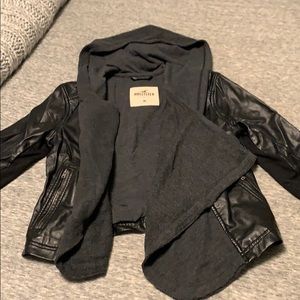 Black & grey hooded faux leather jacket